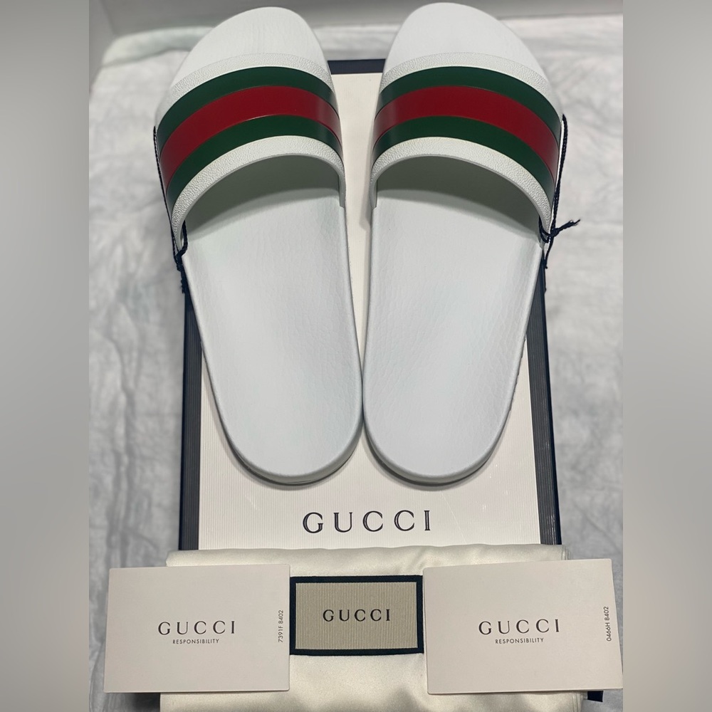 MENS SZ 10UK / 11US GUCCI SIGNATURE STRIPE SLIDE SANDALS in WHITE